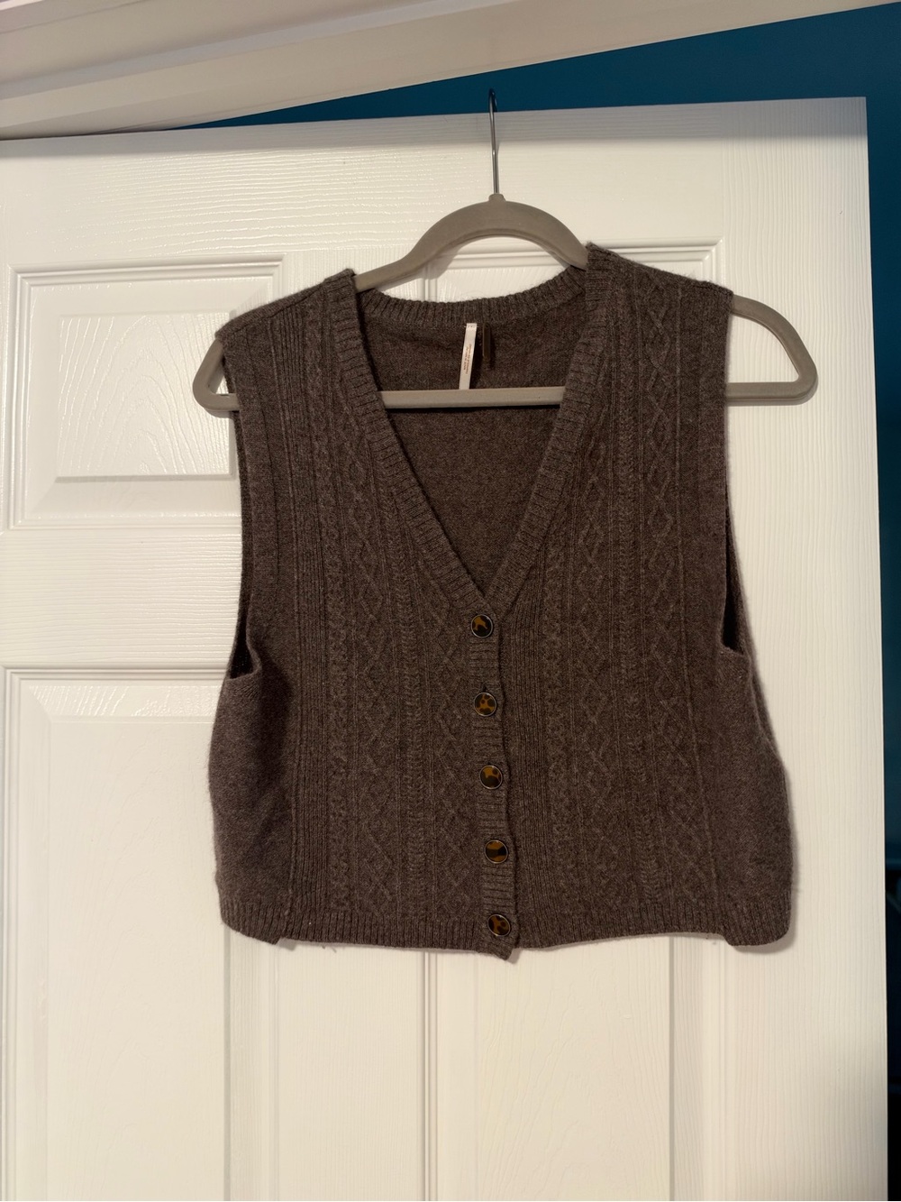 Free People Brown Cable Knit V-Neck Button Front Sweater Vest